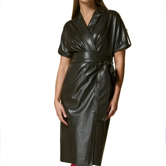MARINA RINALDI BLACK LAMBSKIN LEATHER WRAP DRESS SZ 18 - Picture 5 of 6